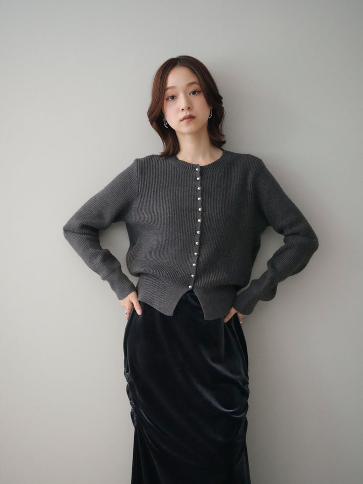 [予約]シルバーボタン畦編みニットカーディガン/charcoal
