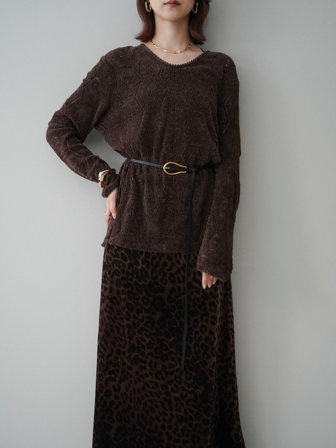 [SET]モール透かし編みニットトップス+レオパードベロアナロースカート(2set)
