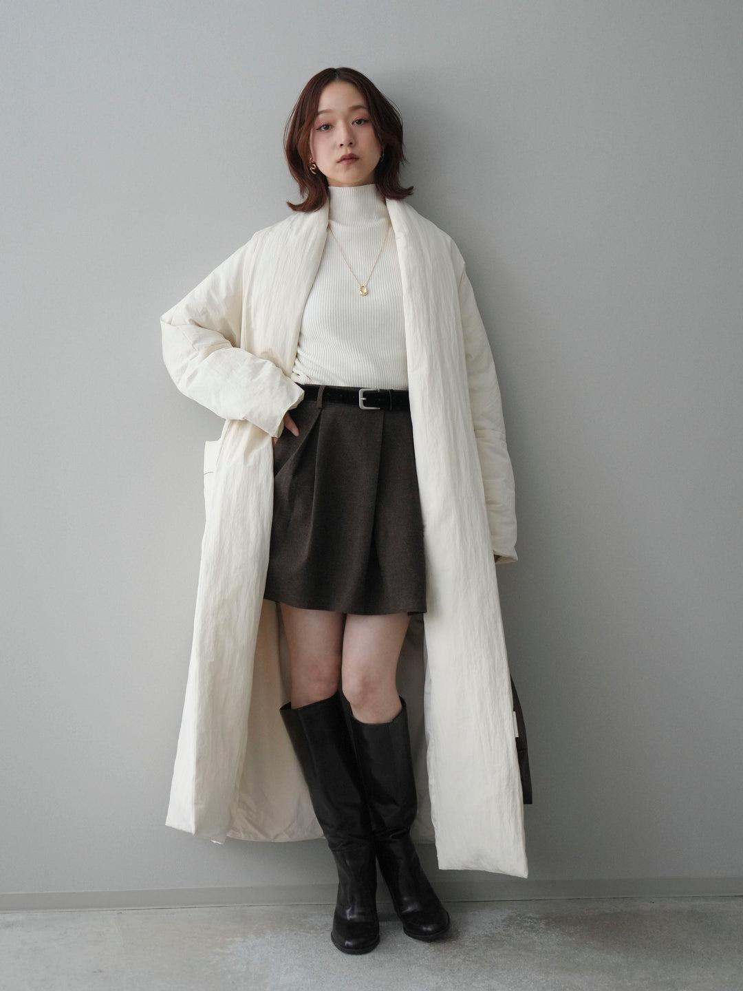 [SET]ロングダウンコート+ベルト付きタックミニスカート(2set)