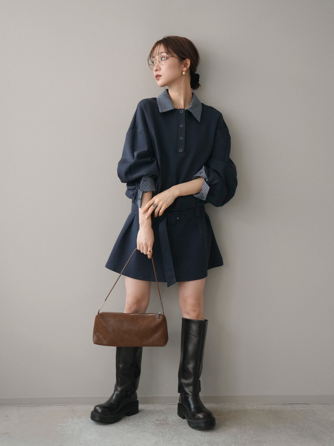 [予約]チェック襟xスエットミニワンピース/blue