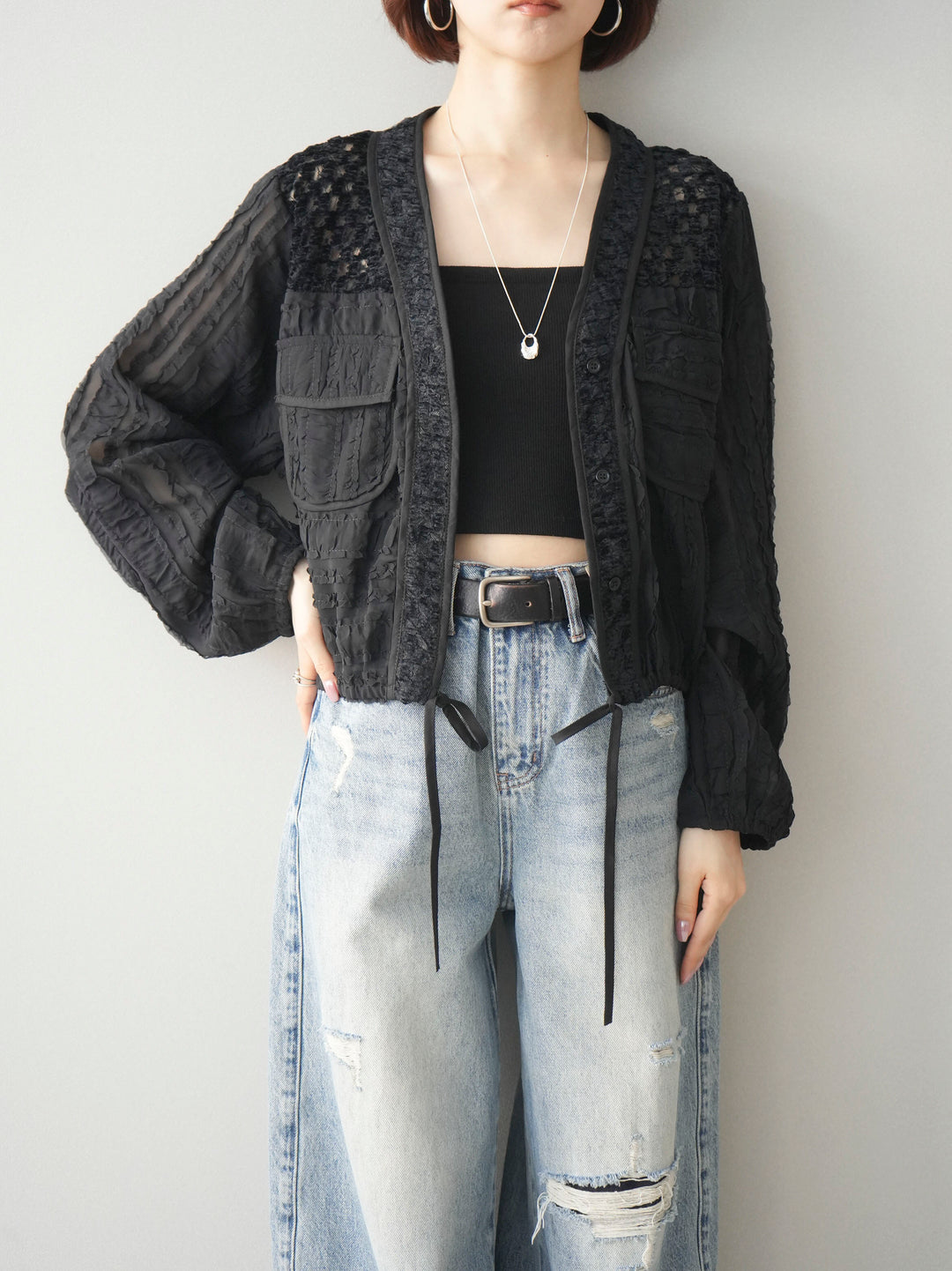 [SET]パッチワークシアーフリルブルゾン+パッチワークシアーフリルブルゾン(2set)