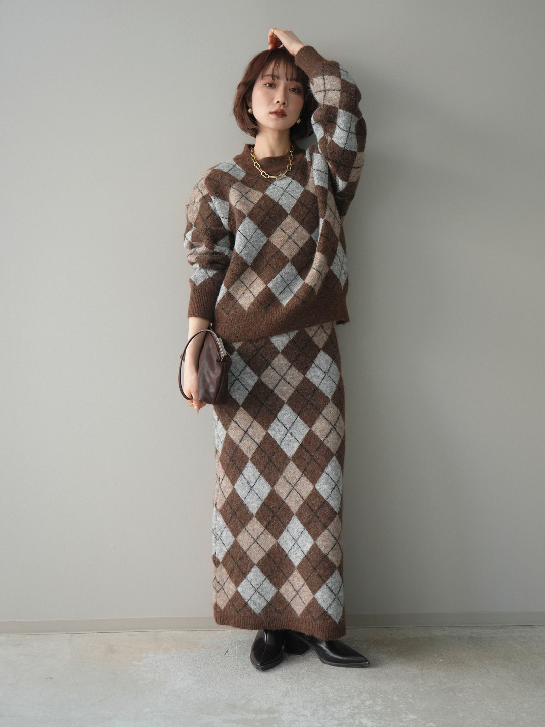 [SET]アーガイルニットプルオーバー&ロングスカートSET UP+選べるアクセセット(2set)