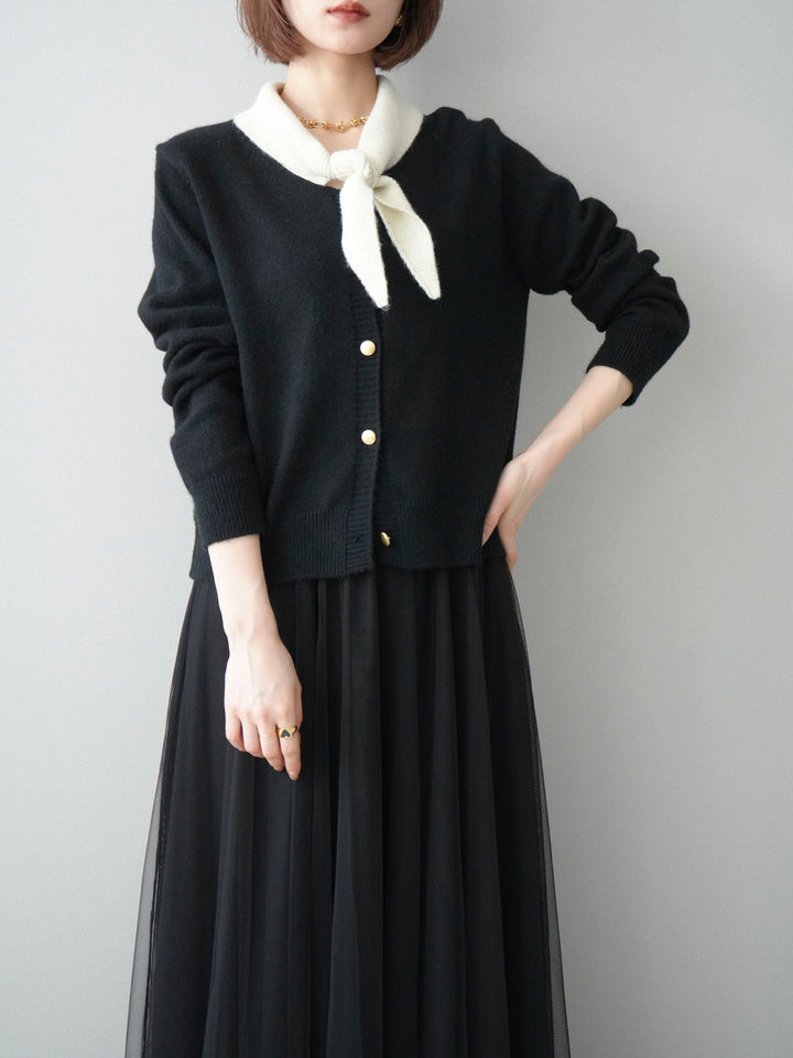 [SET]デザイン襟ニットカーディガン+チュールボリュームスカート(2set)