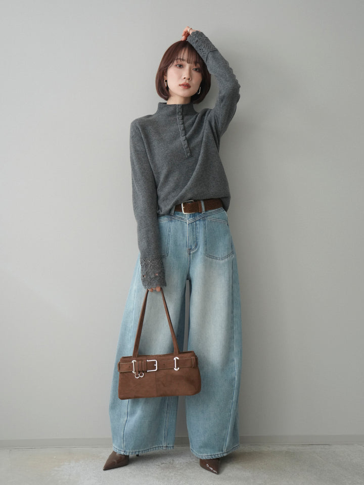 [SET]袖スカラップレースフロントボタンウールニットトップス+ベルト付裏起毛カーブデニムパンツ(2set)