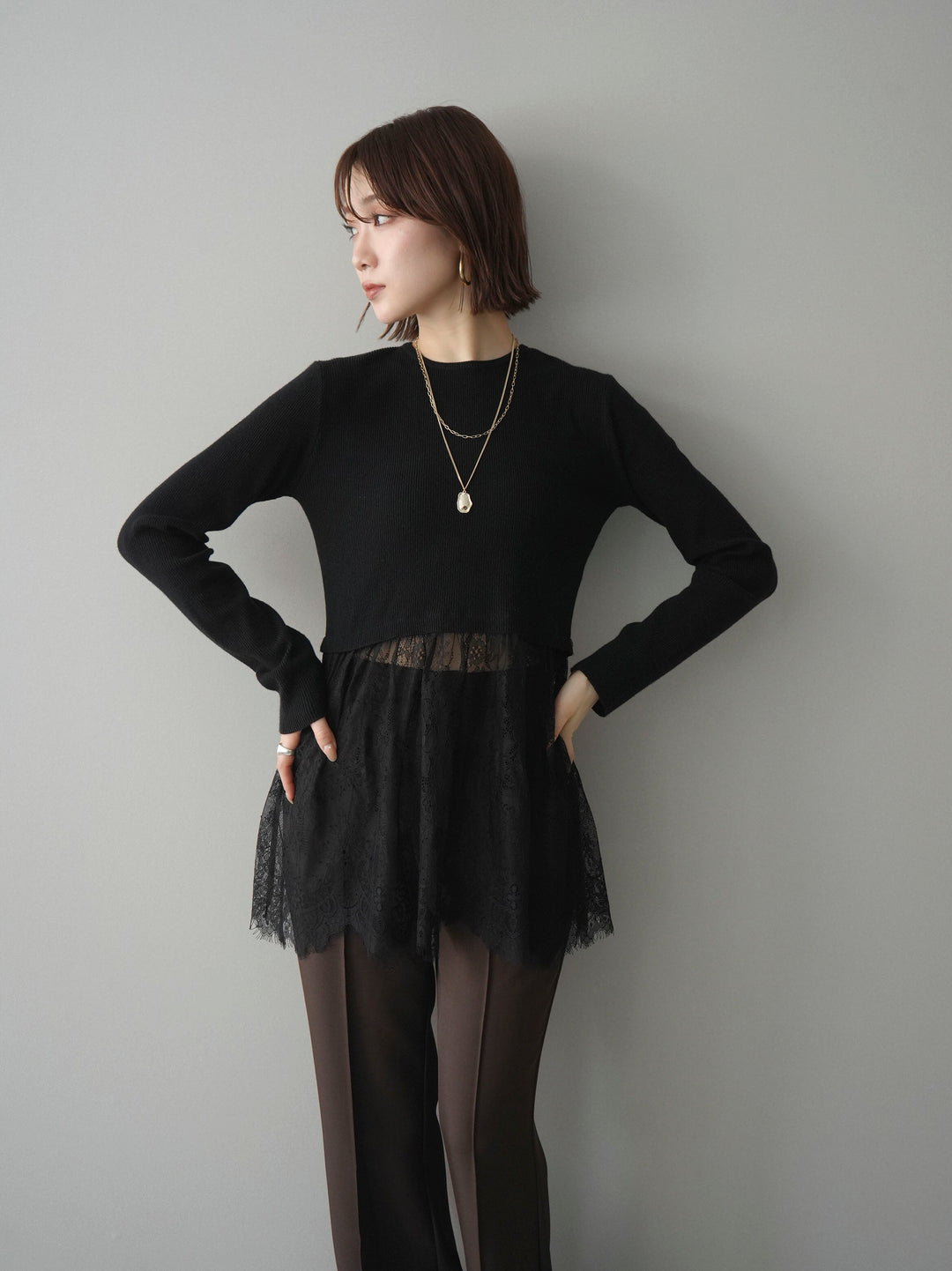 [予約]クルーネックレースドッキングリブニットトップス/black