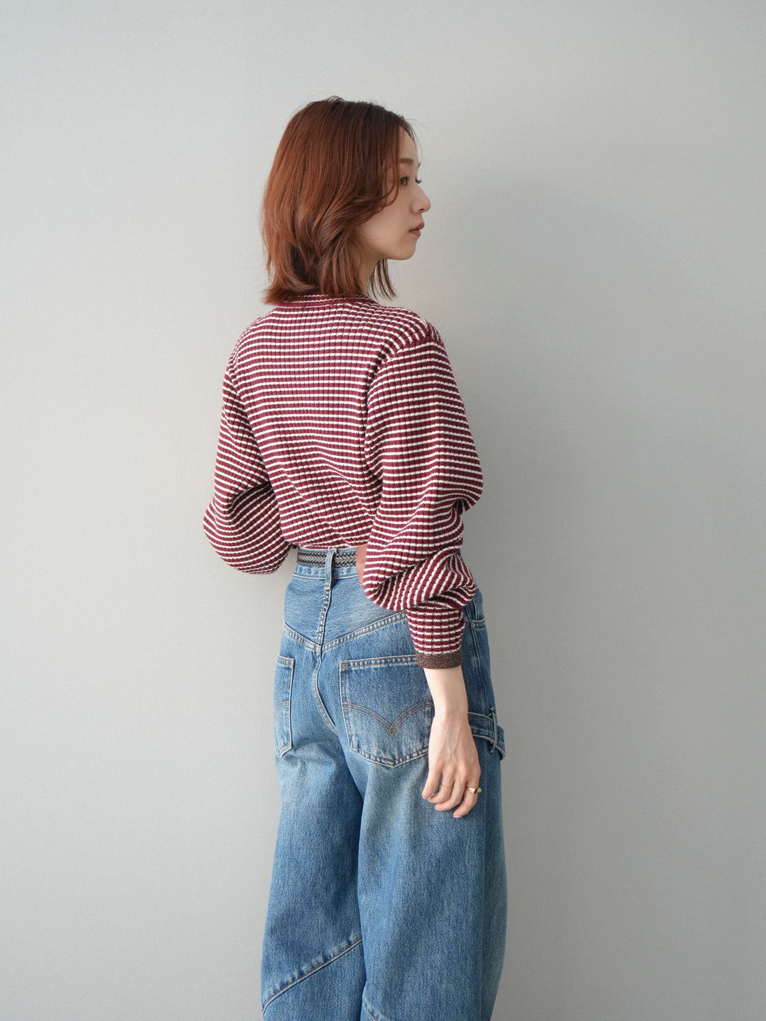 [SET]ラメ異素材ボーダーリブニットプルオーバー+ペインターカーブデニムパンツ(2set)