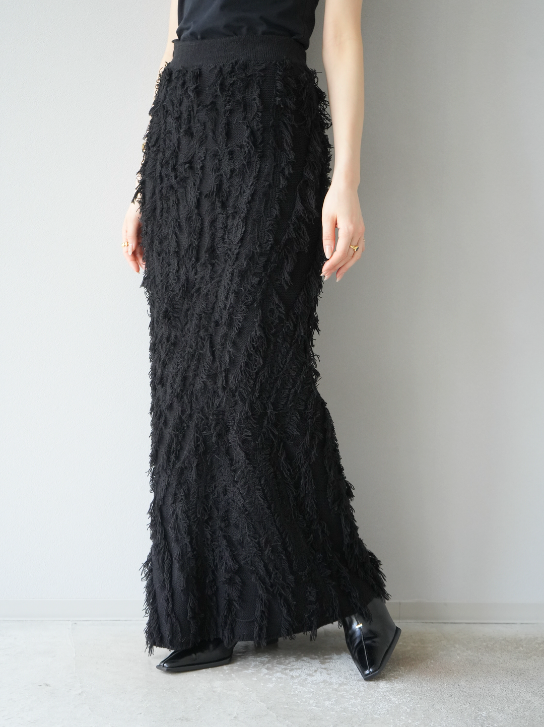 [予約]ミックスフリンジニットスカート/ブラック