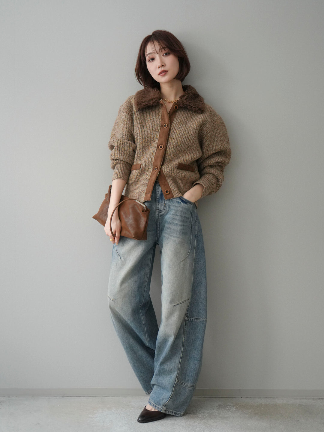 [SET]襟ボアミックスヤーンニットカーディガン+ベルト付カーブデニムパンツ(2set)