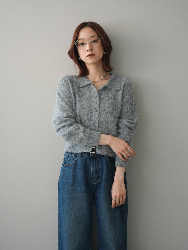 [SET]モヘア衿付きボタンプルオーバー+裏起毛裾フリンジワイドデニムパンツ(2set)