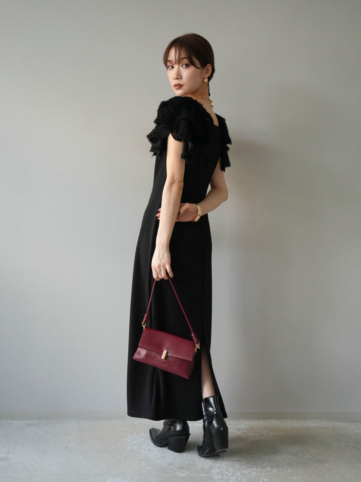 [予約]ジャガードフレアスリーブドレス/ブラック