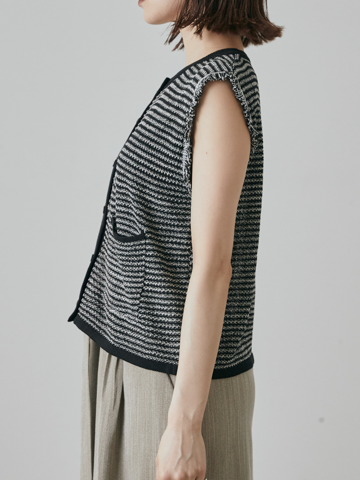 [予約]ボーダー袖フリンジニットベスト/ブラック
