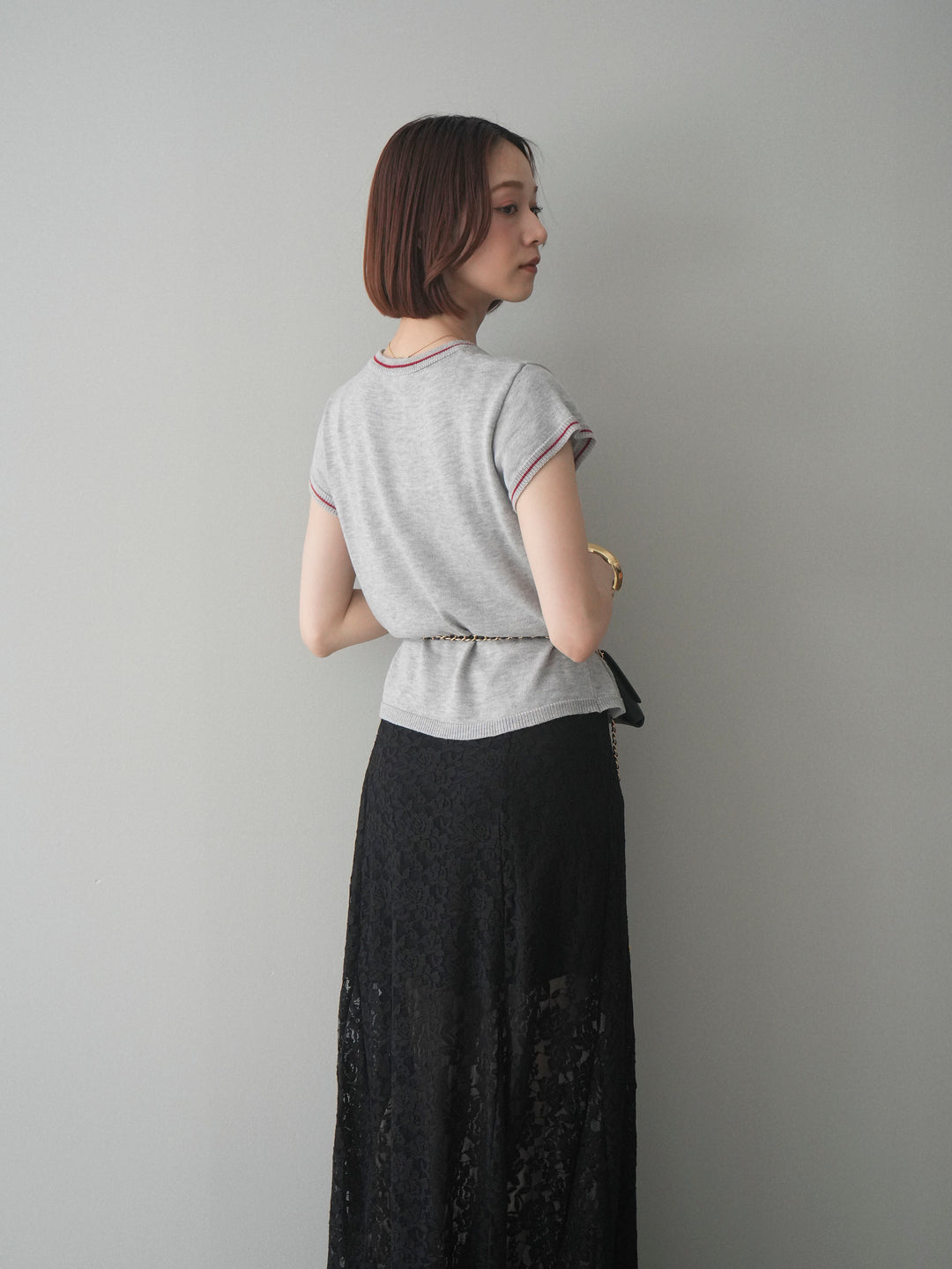 [予約]配色ハーフスリーブニットトップス/gray