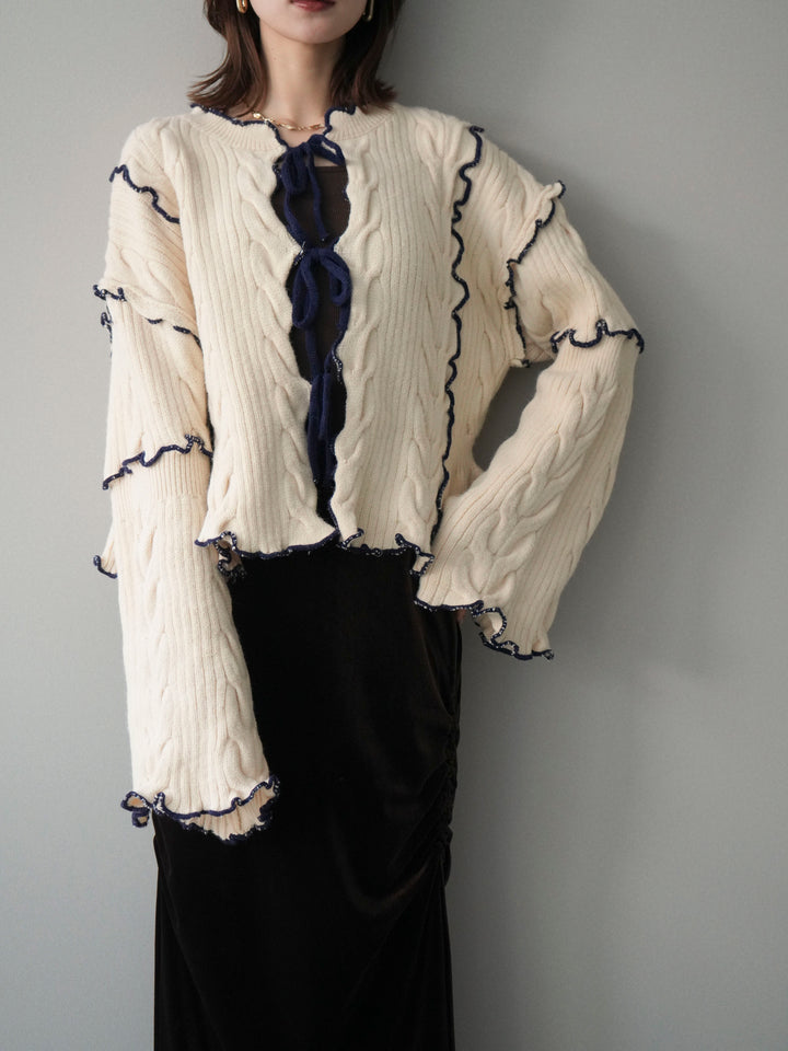 [SET]フロントリボン配色メローニットカーディガン+フロントリボン配色メローニットカーディガン(2set)