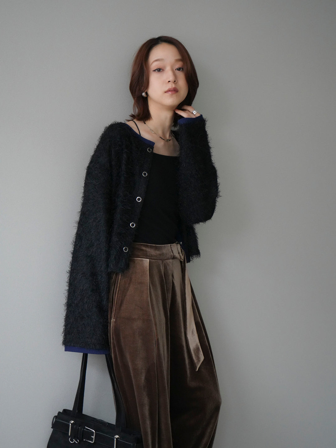 [予約]バイカラー2WAYシャギーニットカーディガン/black