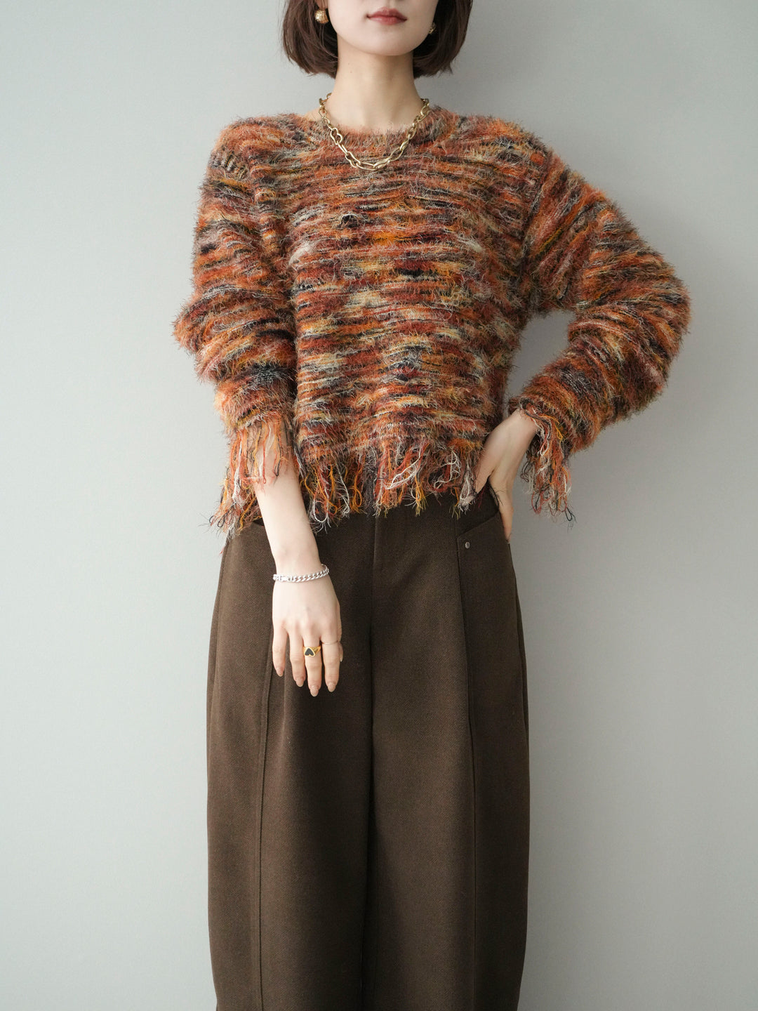 [予約]裾フリンジミックスヤーンシャギープルオーバー/orange