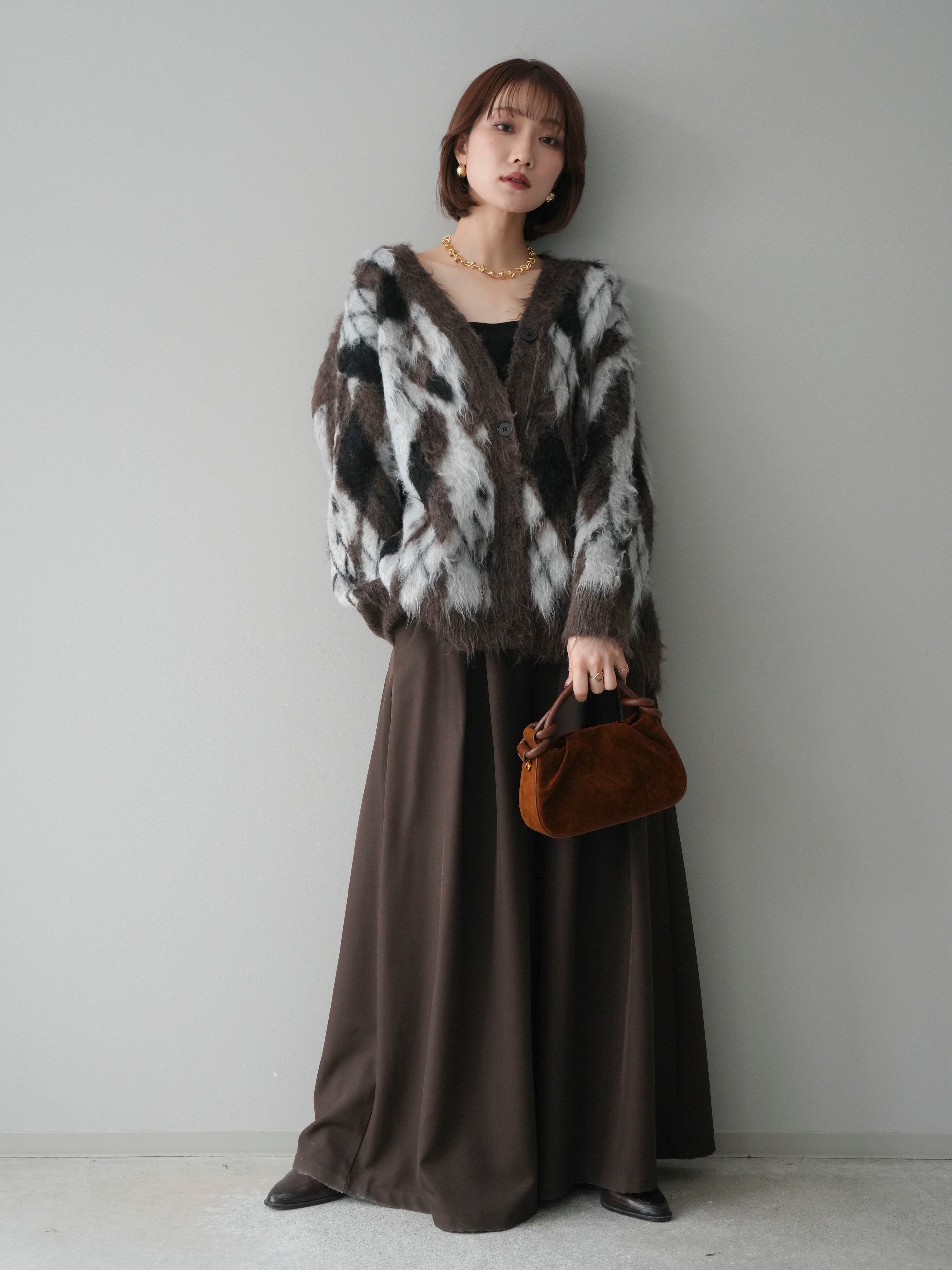予約]アーガイル柄シャギーニットカーディガン/brown – Lumier