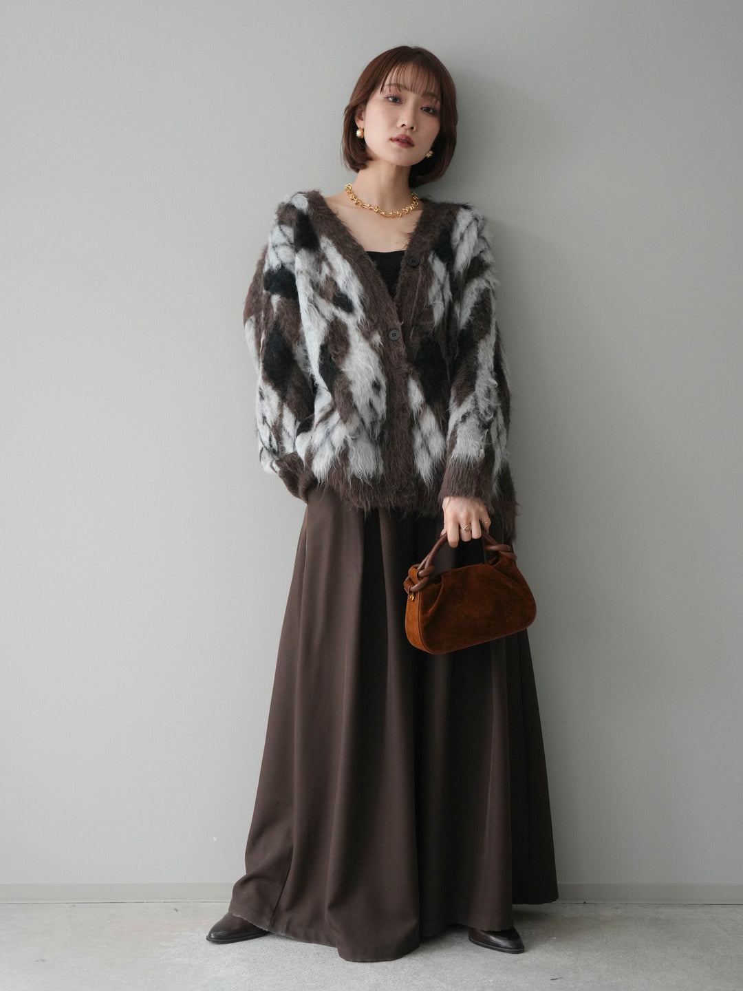 [予約]アーガイル柄シャギーニットカーディガン/brown