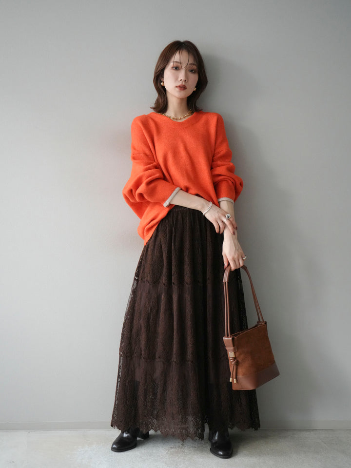 【預購】V領拼色袖針織套頭衫/橘色