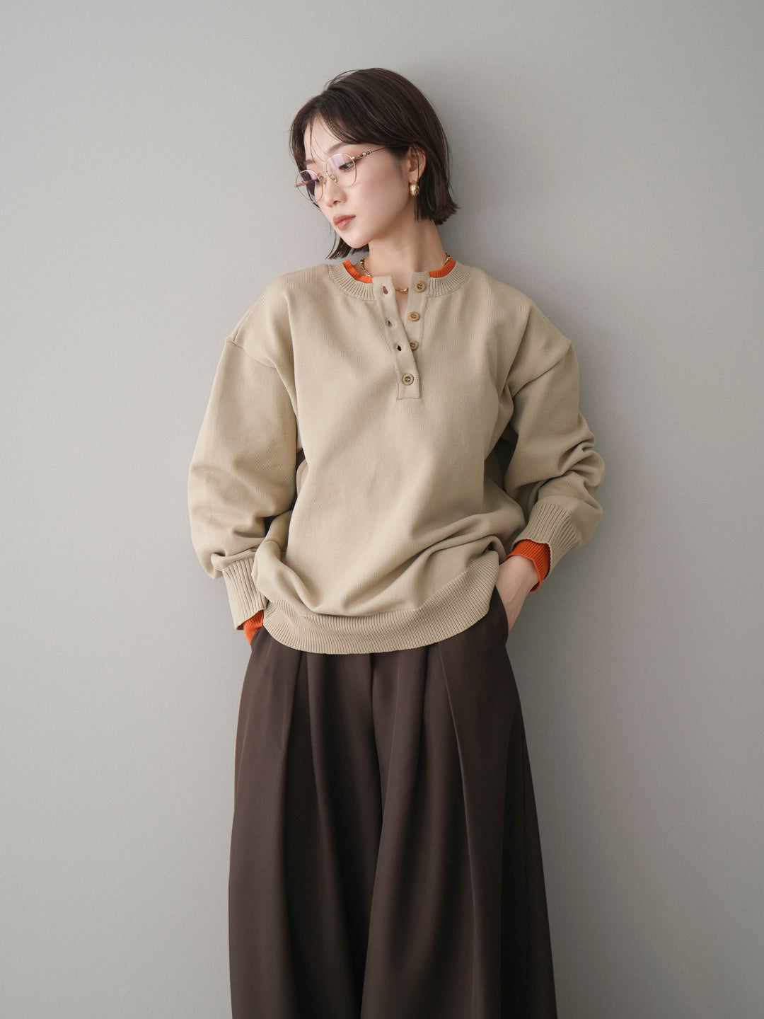 [予約]2WAYネック配色レイヤードニットプルオーバー/beige