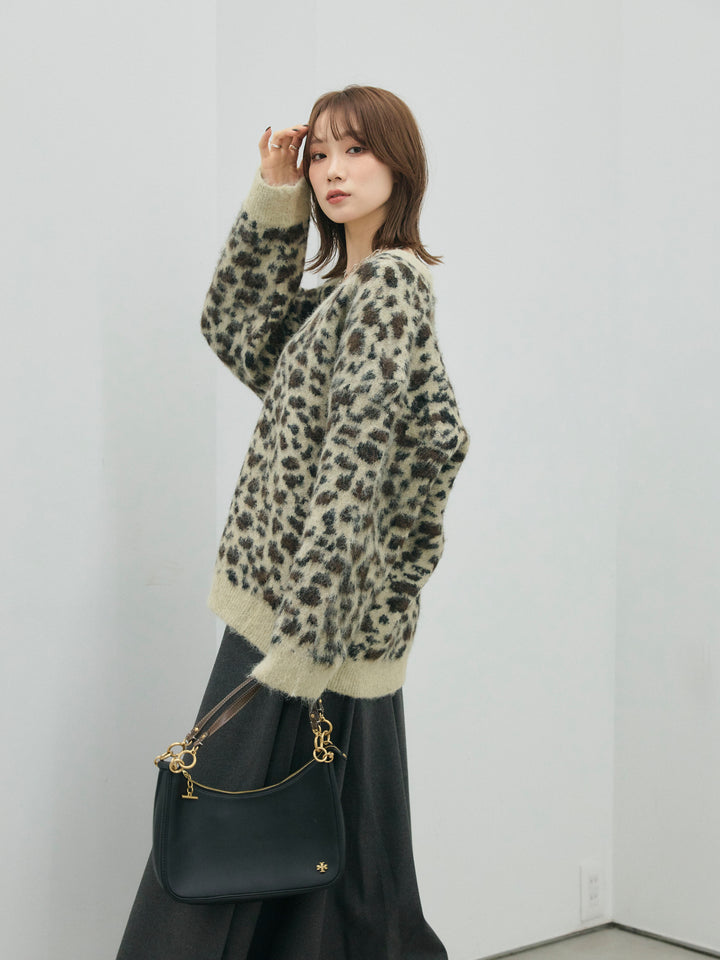 【Allure】[SET]レオパードシャギーニットカーディガン+ウールタッチフレアスカート(2set)