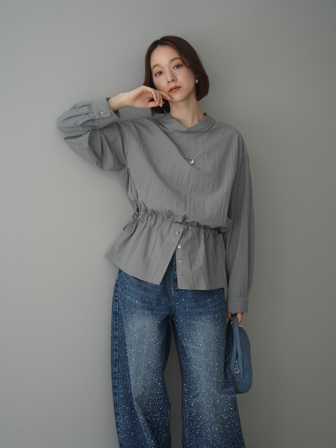 [予約]ボトルネックドロストデザインブラウス/gray