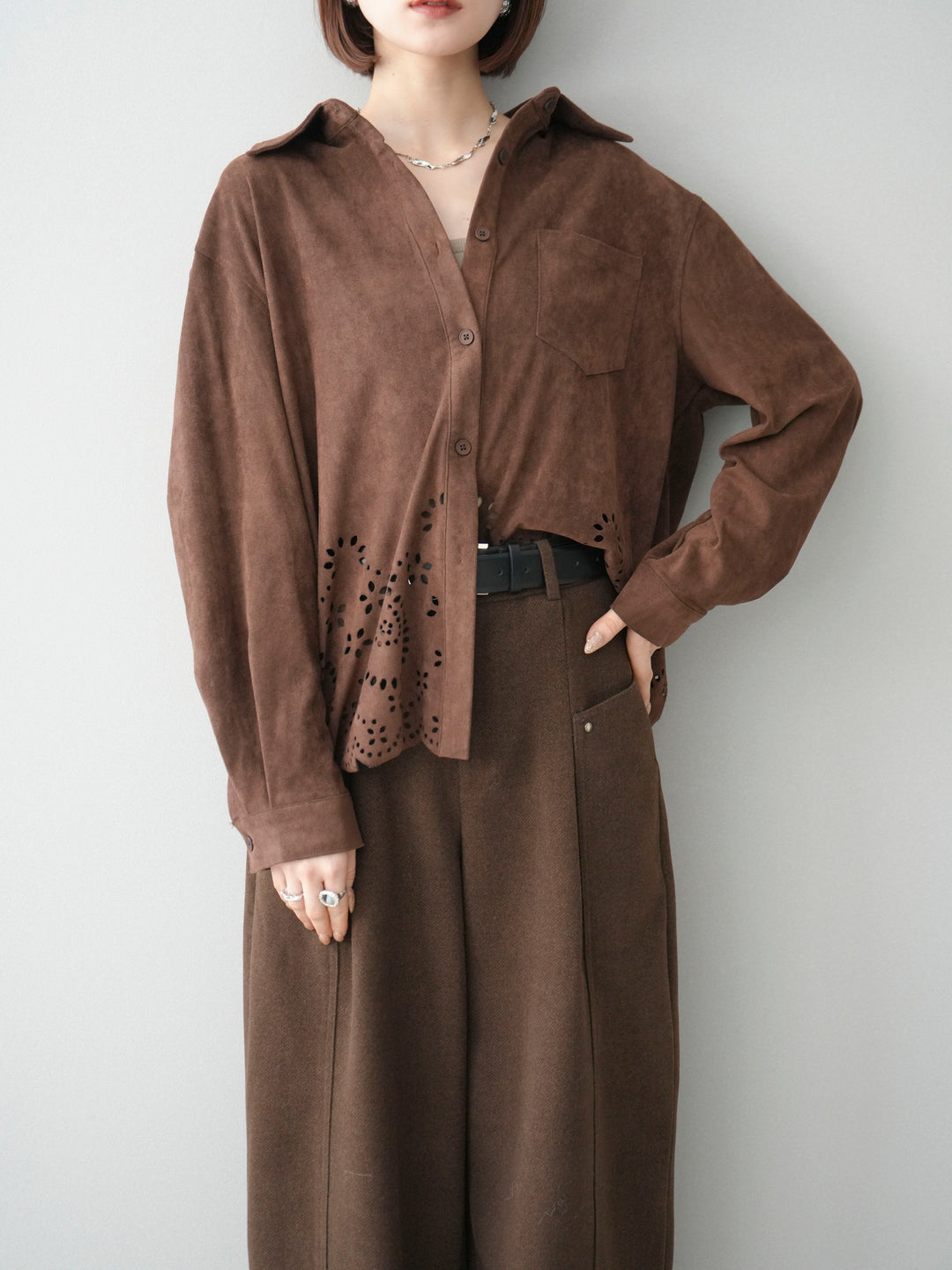 [SET]裾スカラップスエードシャツ+ベルト付起毛コクーンパンツ(2set)