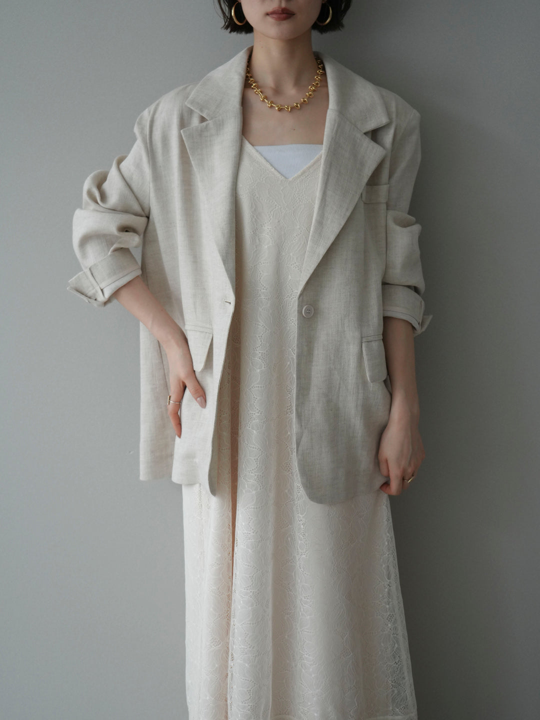 [SET]サテンレースレイヤードキャミワンピース+リネンタッチオーバージャケット(2set)