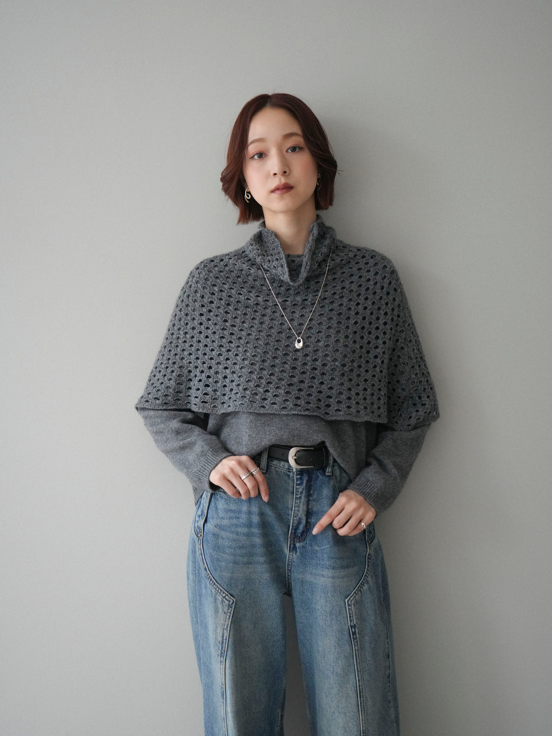 [予約]メッシュケープアンサンブルニットプルオーバー/darkgray