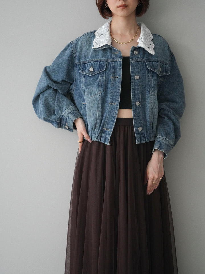 [SET]襟レースデニムショートジャケット+選べるアクセセット(2set)