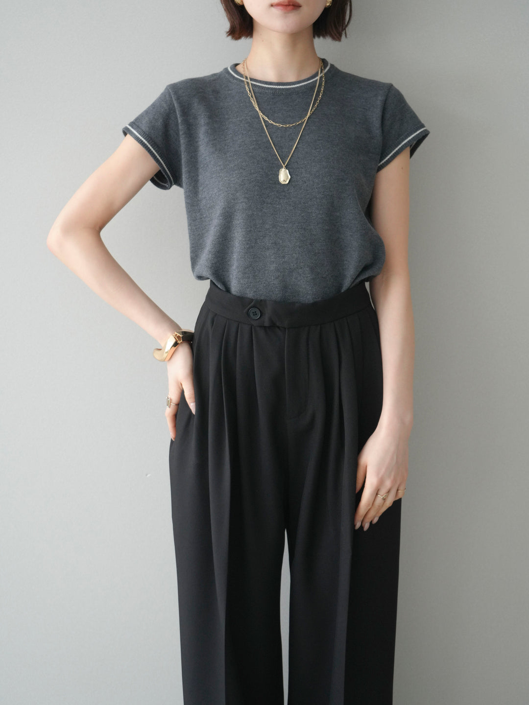 [SET]配色ハーフスリーブニットトップス+選べるアクセセット(2set)