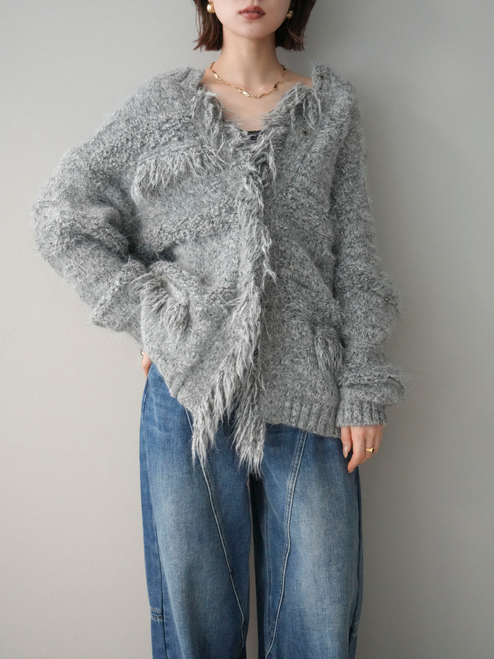 [予約]ミックスヤーンフリンジデザインニットジャケット/gray