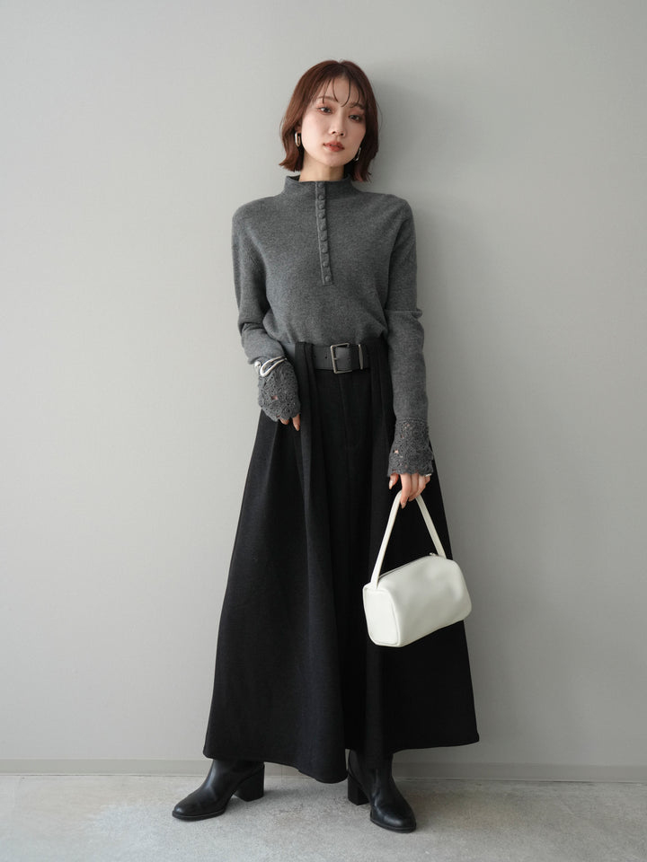 [SET]袖スカラップレースフロントボタンウールニットトップス+ベルト付きベルトループスカート(2set)