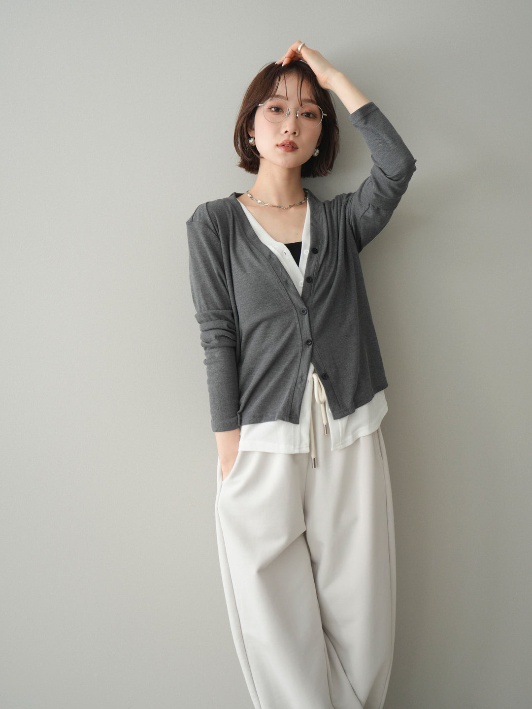 [予約]配色レイヤードカットリブカーディガン/gray