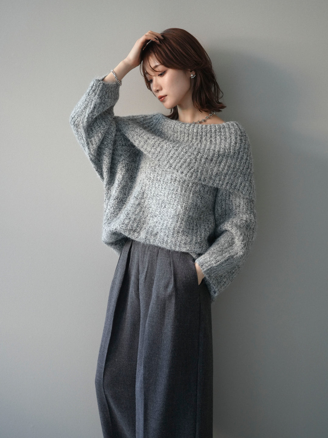 [予約]オフショルミックスニットプルオーバー/gray