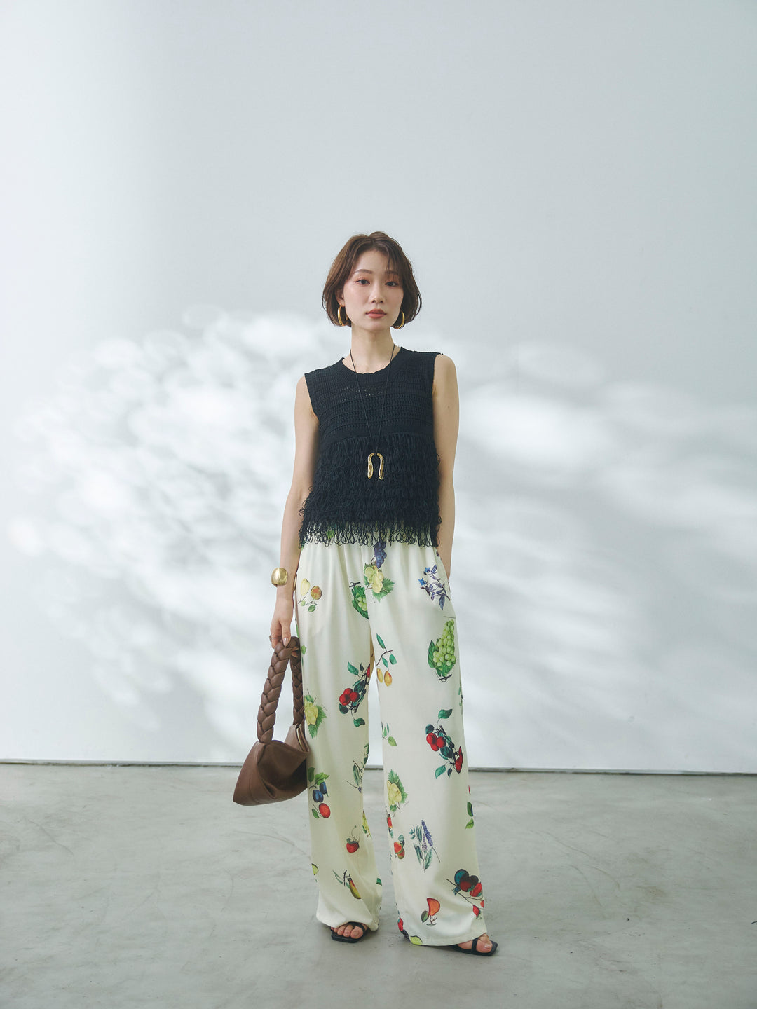 【Allure】[SET]フリンジクロップドニットベスト+ボタニカルプリントイージーパンツ(2set)