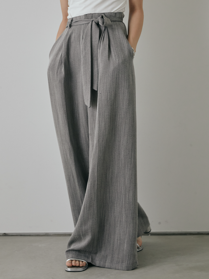 【預購】仿麻腰帶寬褲/灰色