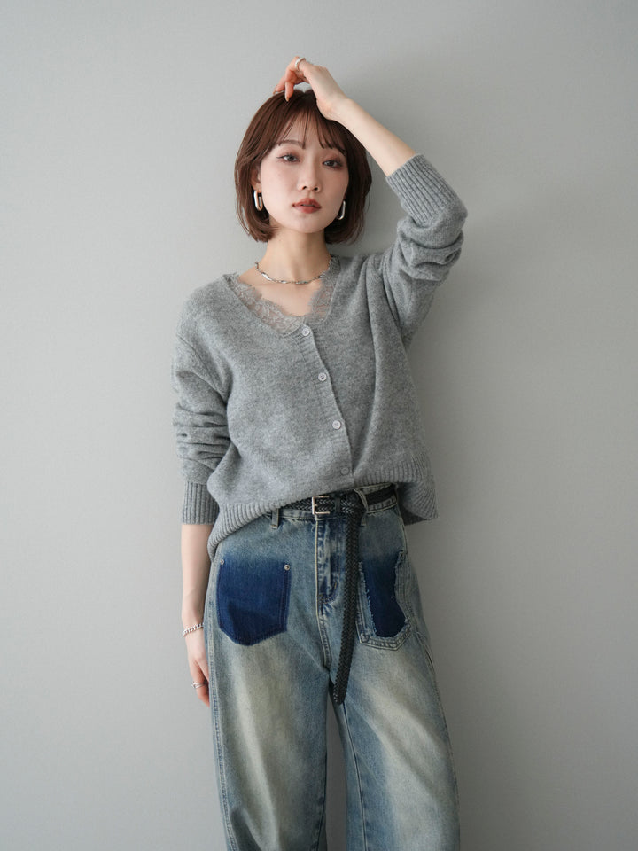 [SET]レースネックニットカーディガン+染めデザインポケットデニムパンツ(2set)