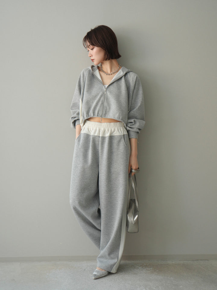 [SET]バイカラー異素材ライトポンチクロップドZIPフーディー+バイカラー異素材サイドラインライトポンチパンツ(2set)