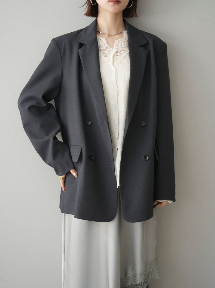 [SET]ダブルブレストオーバージャケット+レースネックジャガードニットカーディガン+サテンライクアシメレーススカート+センターシームフレアパンツ(4set))