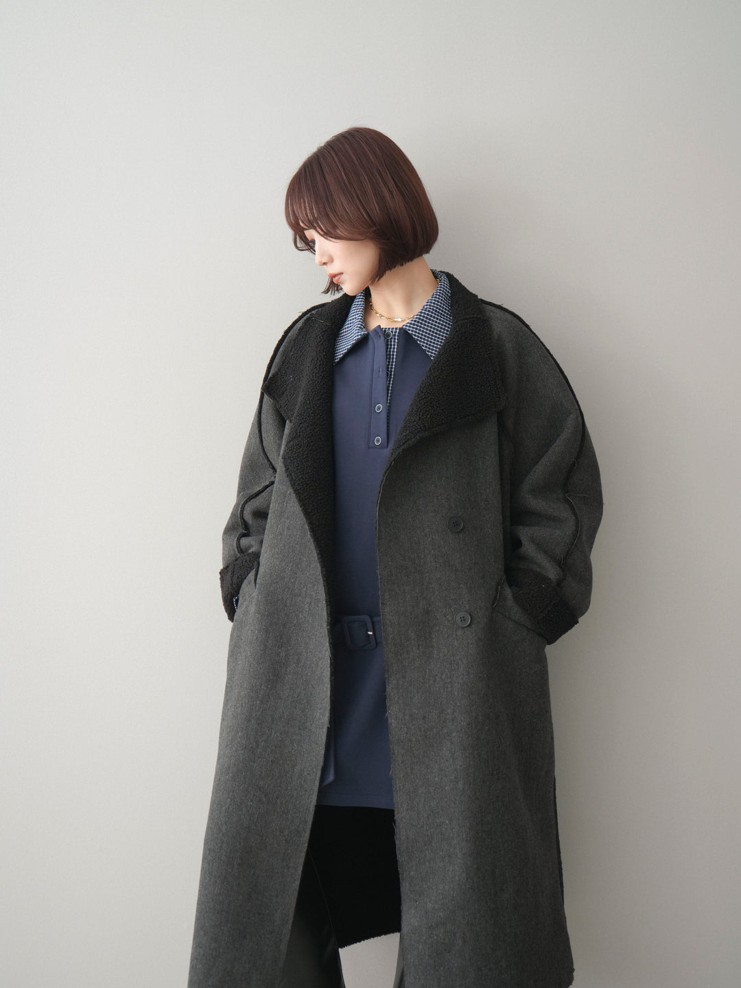 [SET]チェック襟xスエットミニワンピース+アウトシーム裏ボアコート(2set)