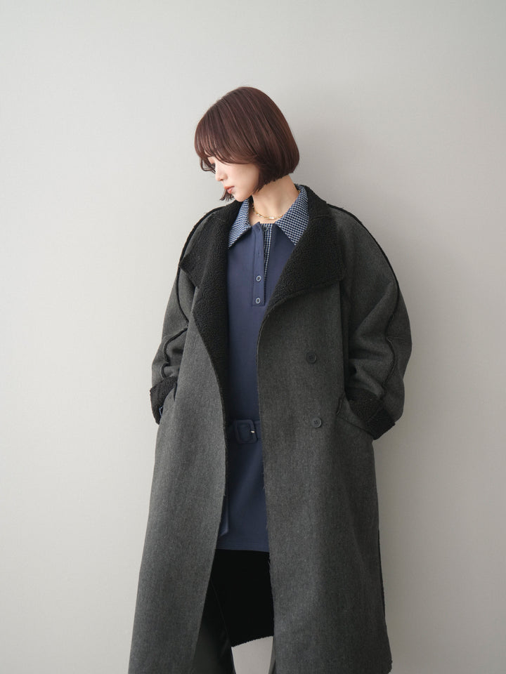 [SET]チェック襟xスエットミニワンピース+アウトシーム裏ボアコート(2set)