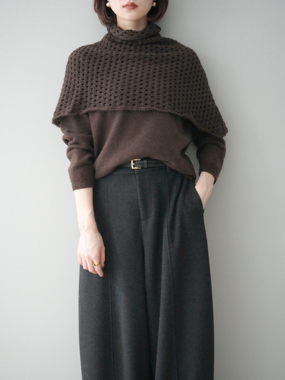[予約]メッシュケープアンサンブルニットプルオーバー/brown