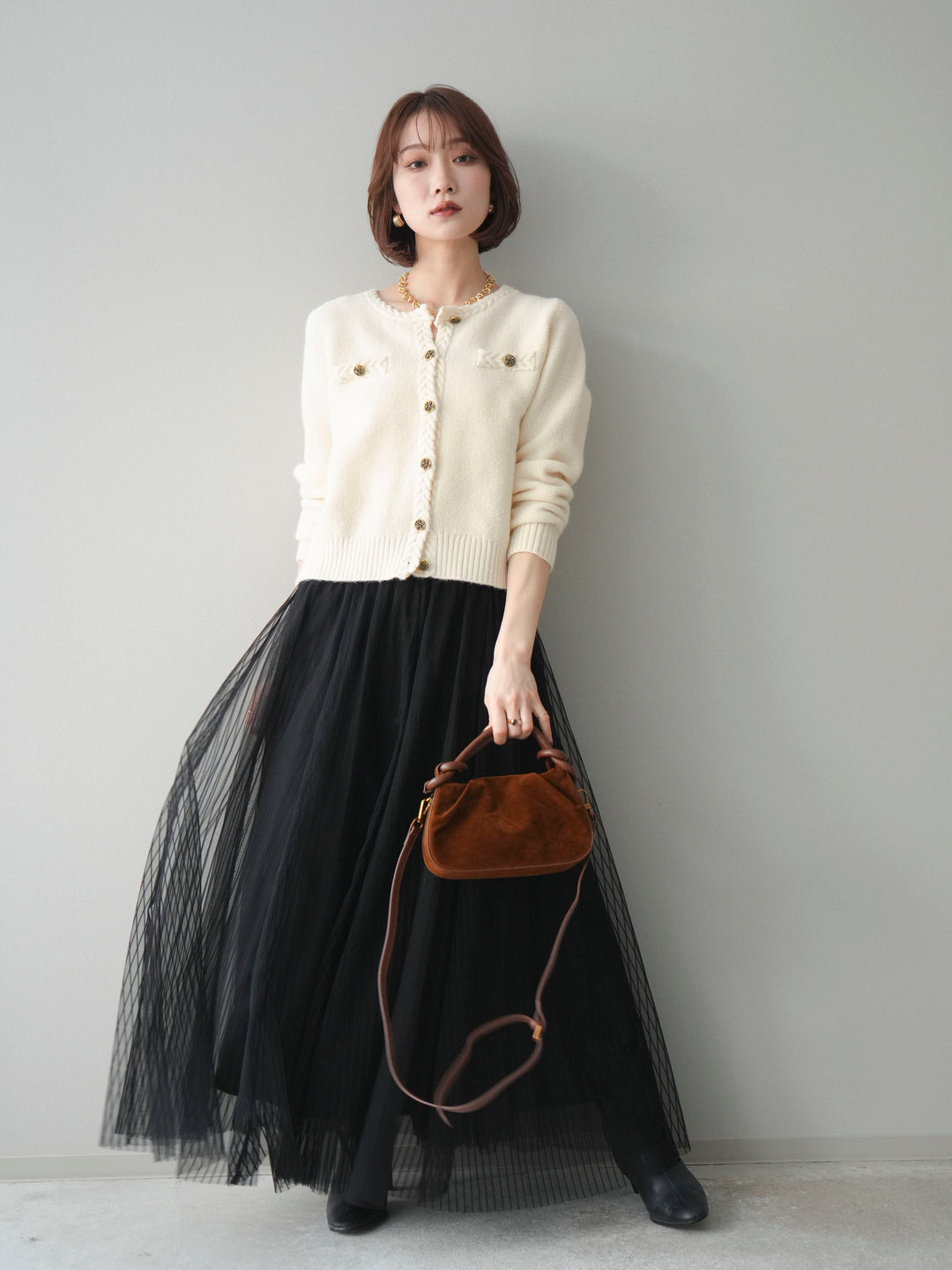 [SET]編みこみアンティークボタンニットカーディガン+チュールストライプボリュームスカート(2set)