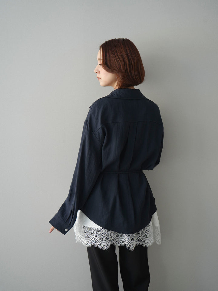 [SET]Vネック変形ラインシャツ+レーストリムキャミソール+センターシームフレアパンツ(3set)