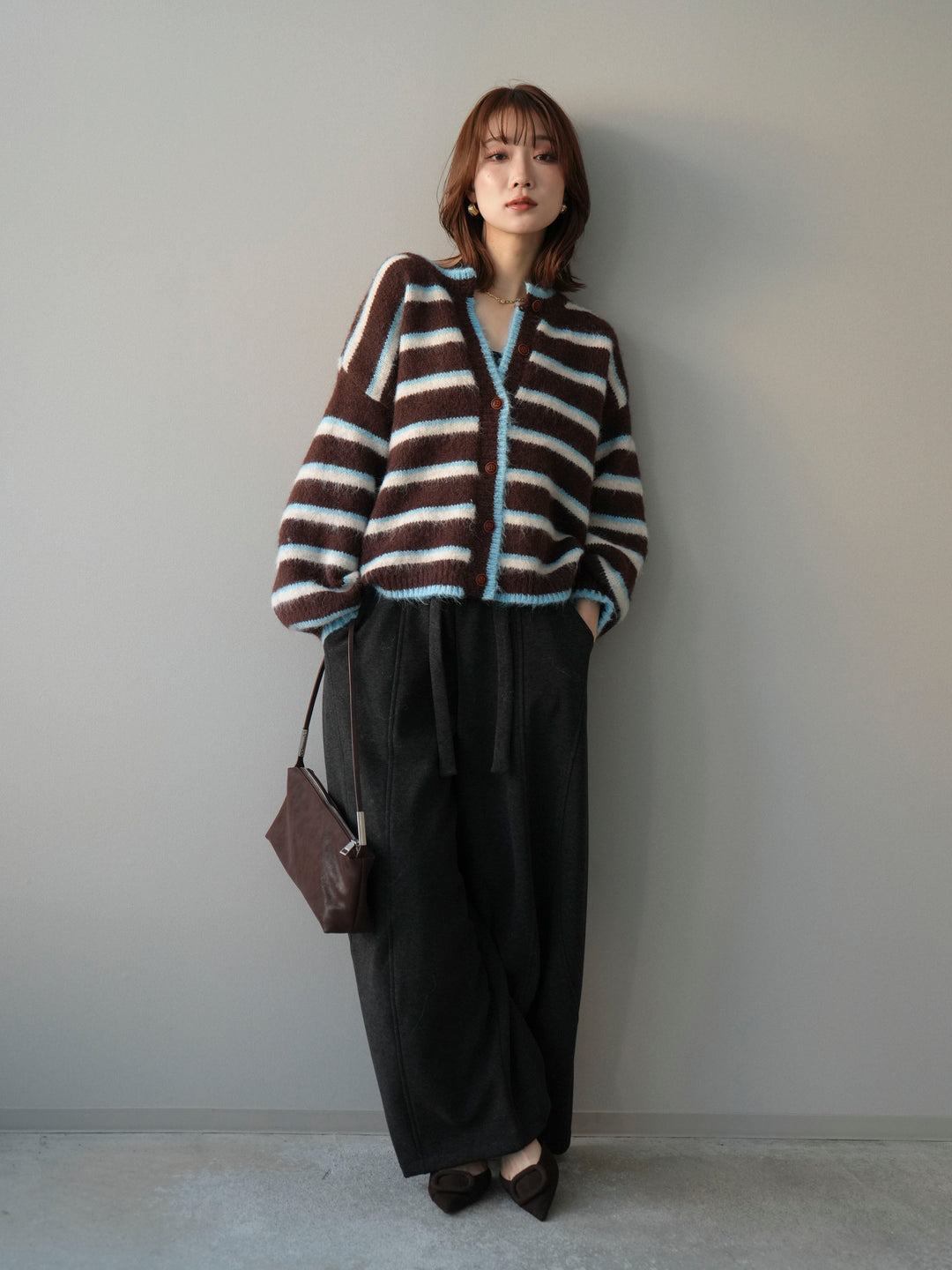 [SET]ウールタッチ配色ボーダーニットカーディガン+ウエストベルトカーブラインスエットパンツ(2set)