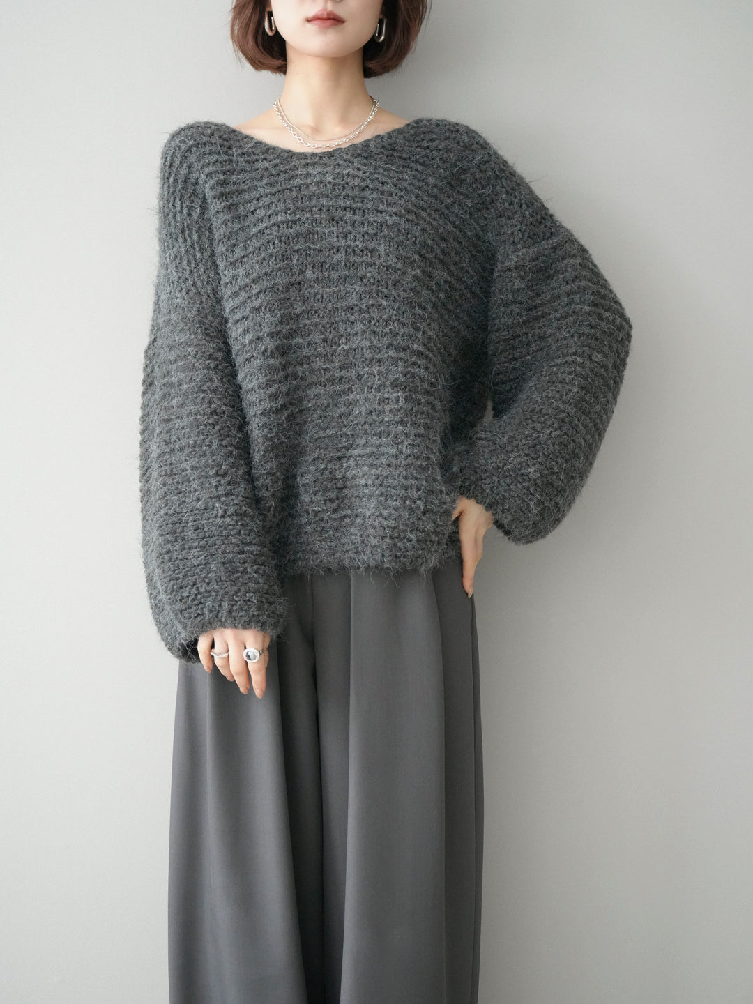 [予約]ワッフル編みシャギーニットプルオーバー/gray