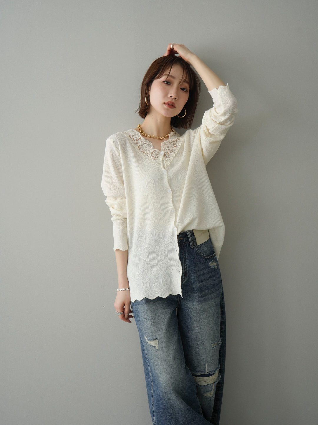 [SET]レースネックジャガードニットカーディガン+ダメージデニムセミワイドパンツ(2set)