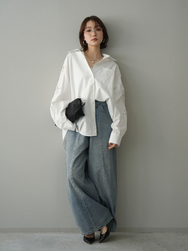 [SET]アームレースブロードシャツ+フロントビジューカーブデニムパンツ(2set)