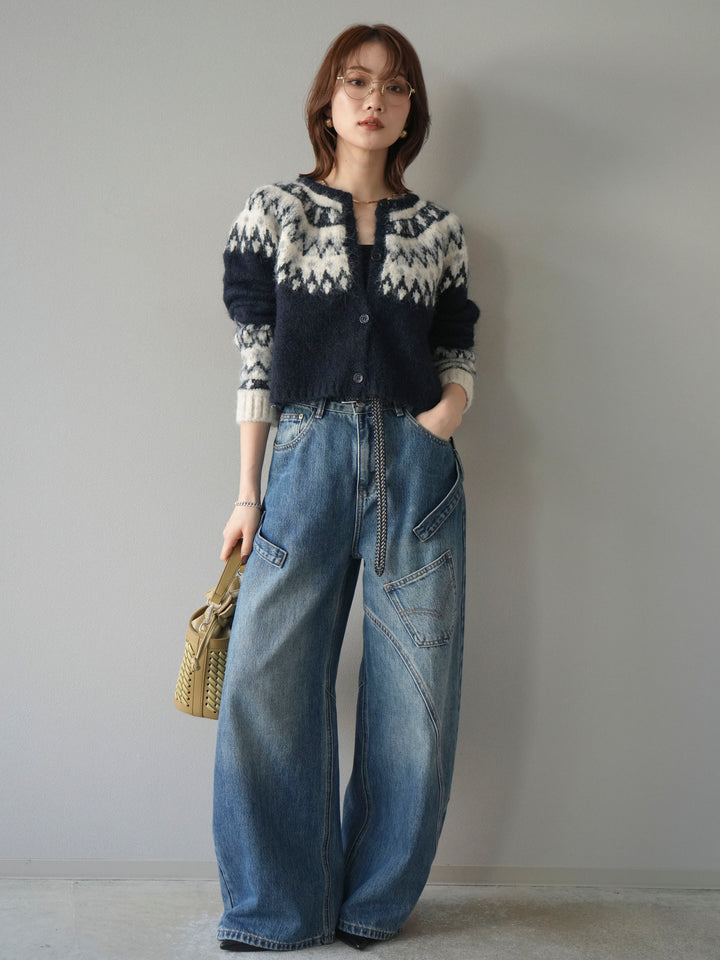 【着回しセット】[SET]求心柄クロップドニットカーディガン+ミックスヤーンペイズリー柄ニットカーディガン+ペインターカーブデニムパンツ(3set)
