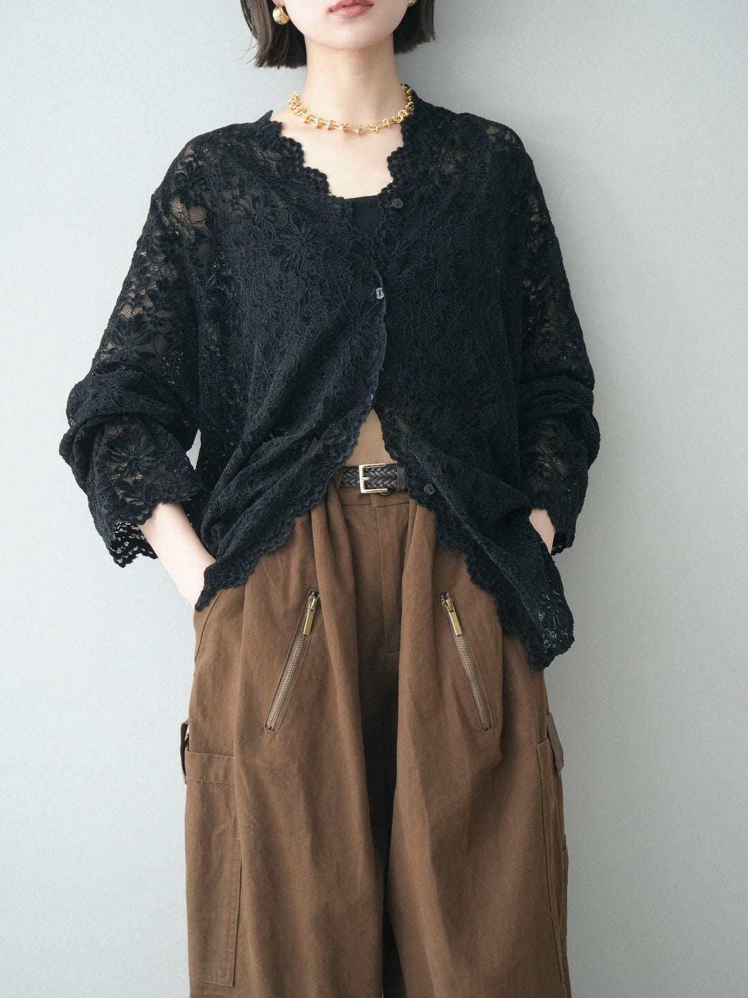 [SET]Vネックレースブラウス+選べるアクセセット(2set)